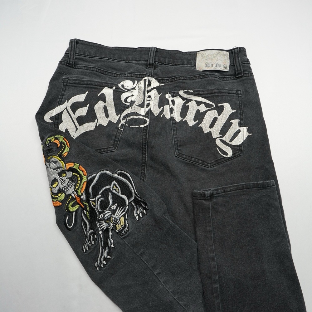 Vtg Y2k (fits 34x31) Ed Hardy Black Panther Skull Straight Jeans Back Hit Logo